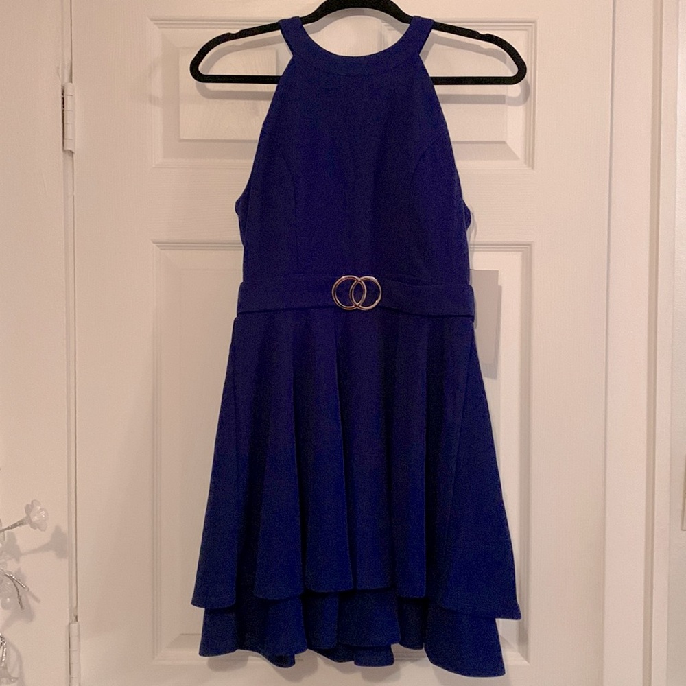 Sleeveless Blue Skater Dress with Buckle